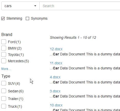 Screen capture showing Faceted Search using Enumerable Fields