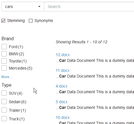 Performing a multi-faceted search request using the Search Cloud One WordPress Plugin.