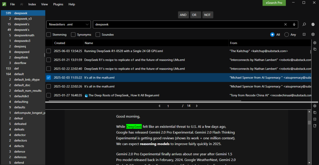 Word count in word list. Numbered hit navigation. Copy results.