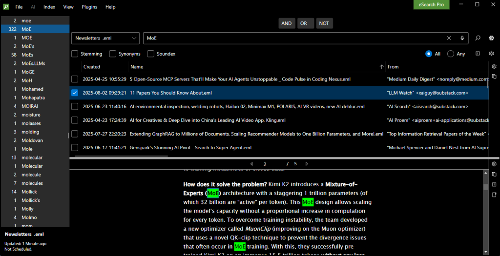 Above: Indexing mode. Word count in Wordlist. Numbered hit navigation.